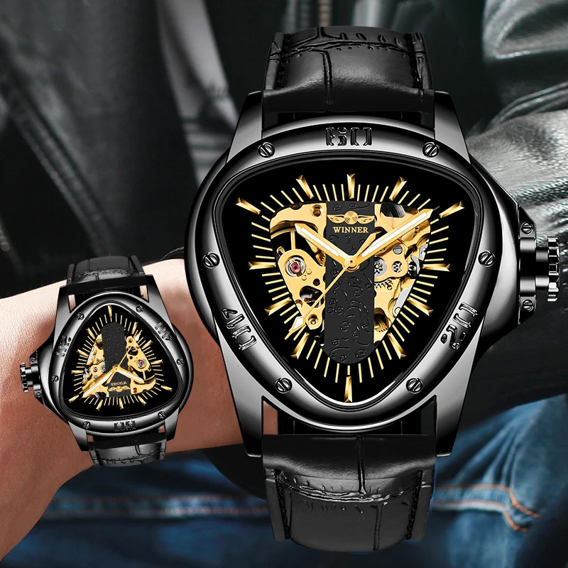 

Winner Fashion Triangle Dial Mechanical Men's Watch Leather Strap Casual Business Automatic Watch Brand Luxury Relogio Masculino