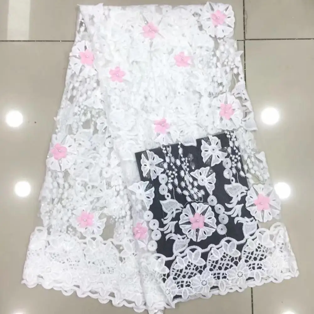 

African lace fabric 5yds/pce 3d petals beaded white mesh fabrics women gorgeous luxury nigerian party event asoebi dress DP-017