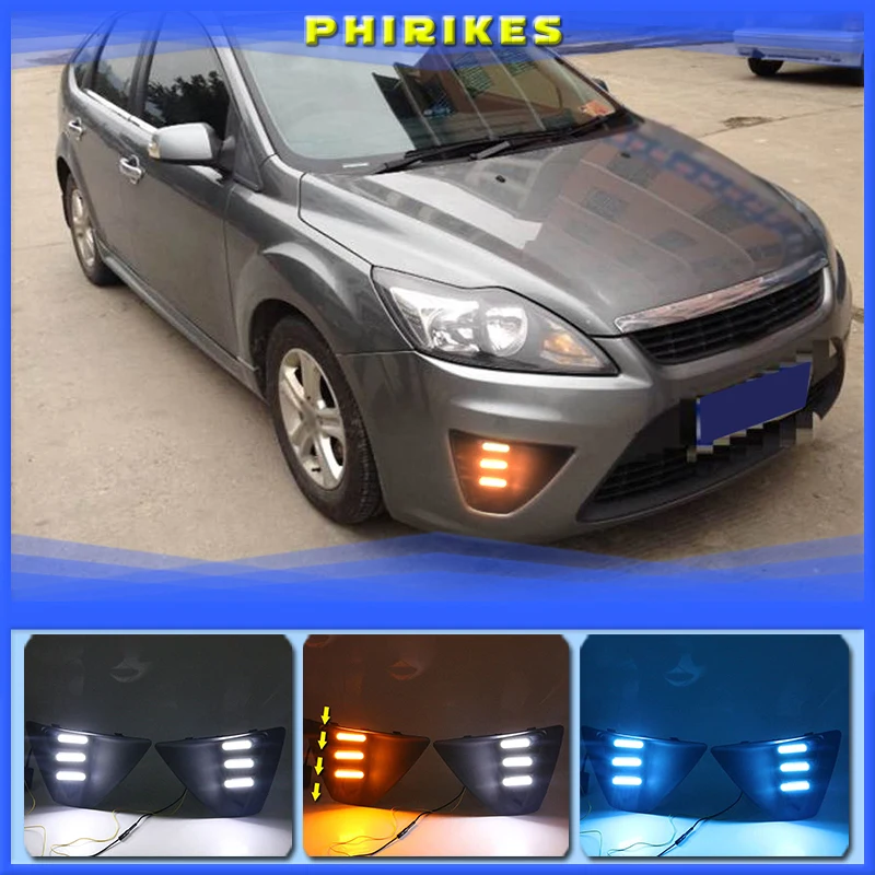 

Дневные ходовые огни для Ford Focus 3 MK3 2009-2011, дневные ходовые огни для Focus DRL, светодиодная противотуманная фара с желтым поворотным сигналом