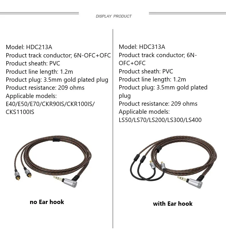 A2DC Headphone Upgrate Cable for ATH HDC323A HDC313A LS50 LS70 LS200 LS300 Series E40 E50 Series Replacement Original Cable