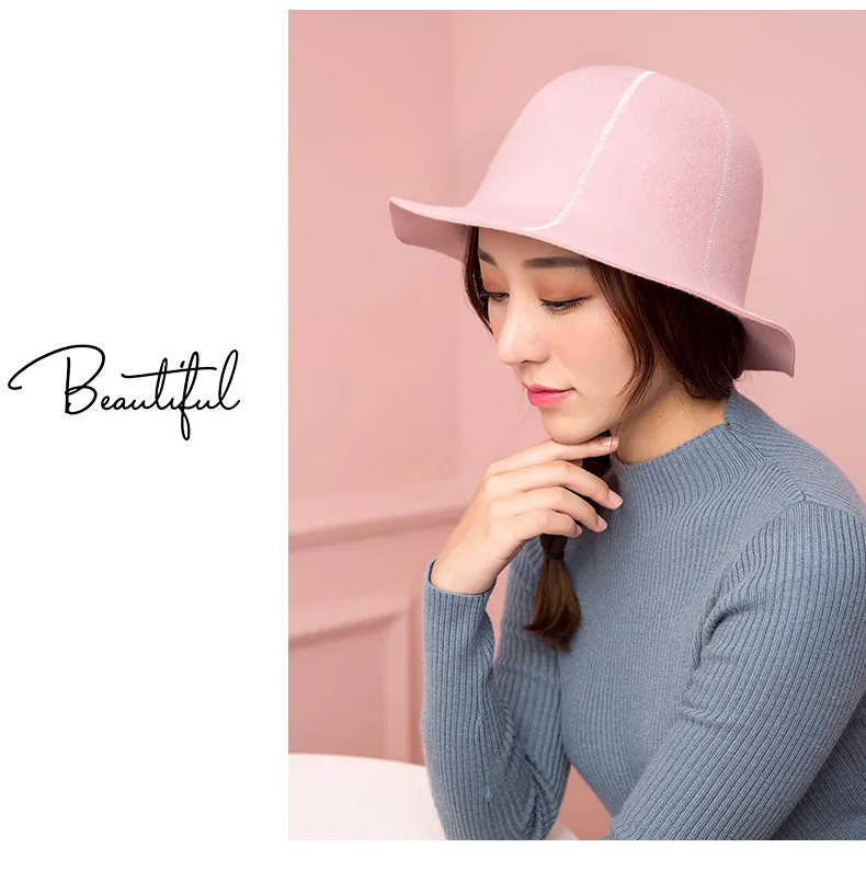 Sedancasesa Wool Felt Fedora Hats for Women Autumn Winter Fashion Style Warm Soft Foldable Striped Ladies Bucket Hats FW292008
