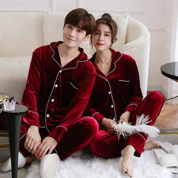 

Burgundy 2PCS Top&pants Couple Soft Velvet Lovers Pajamas Set Sleep Suit Home Clothing Casual Lounge Sleepwear Nightwear Elegant