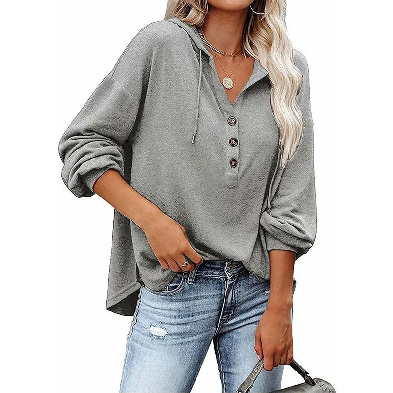 New 2021 Women's Loose-Fitting V-neck Long Sleeves Sweater Button Sports Hoodie