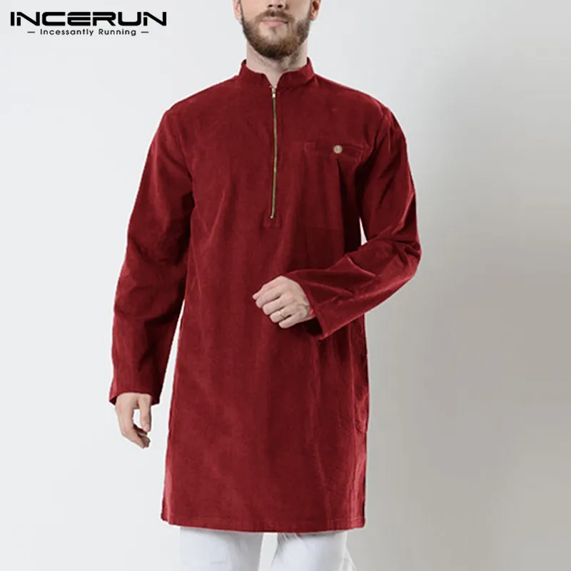 INCERUN, мужские длинные рубашки с длинным рукавом, на молнии, мусульманская одежда,, стоячий воротник, Ретро стиль, одноцветные повседневные рубашки, индийская одежда для мужчин