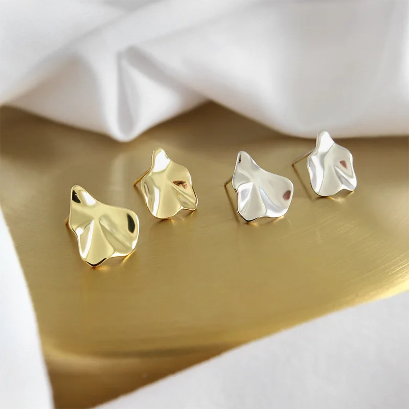 Gold Color 925 Sterling Silver Irregular Concave-convex Leaf Style Small Stud Earrings for Women Sterling Silver Jewelry
