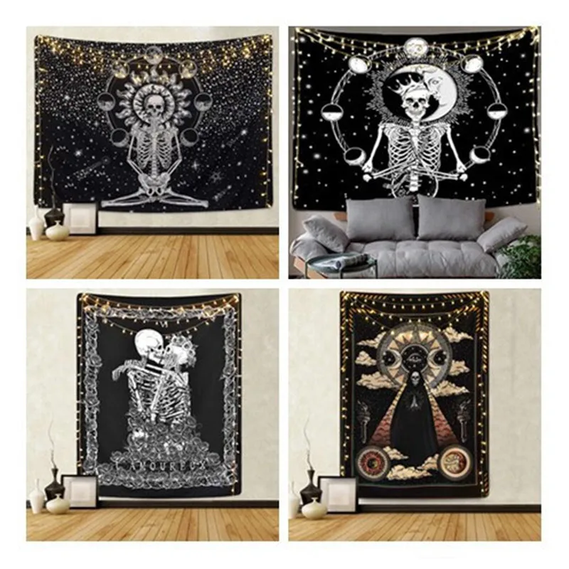 Hippie Mandala Skull Tapestry Wall Hanging Tarot Night Psychedelic Chakra Moon World Map With 6M LED Light | Дом и сад