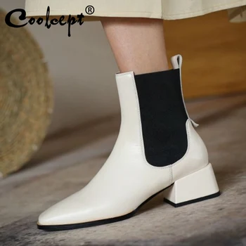 

Coolcept Women Ankle Boots Genuine Leather Patchwork Low Heel Women Winter Short Boots Fashion Cool Shoes Woman Size 33-40