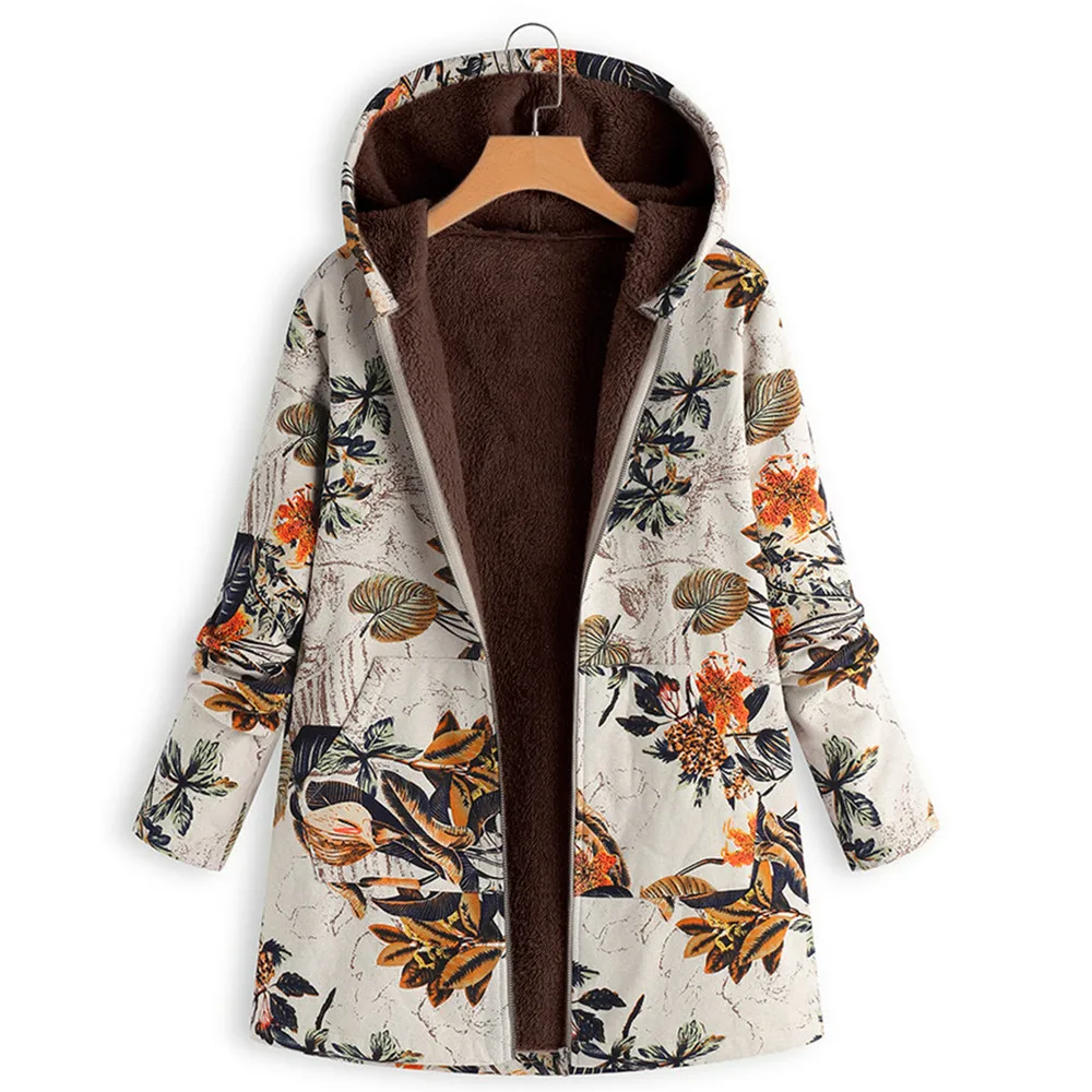

Женская плюшевая куртка, теплая зимняя куртка, одежда с цветочным принтом, карманы с капюшоном, винтажные пальто большого размера d, женская одежда