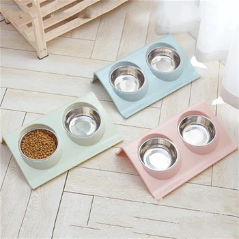 

Double Dog Bowls Food Water Feeder For Dog Cats Pets Supplies Feeding Dishes Splash-proof Stainless Steel Pet Bowl New Year Bowl