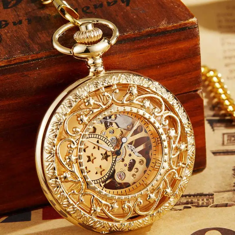 Ретро полые механические карманные часы с брелоком цепь Золотой Скелет стимпанк винтажные мужские женские ручные намотки карманные часы - Цвет: Золотой