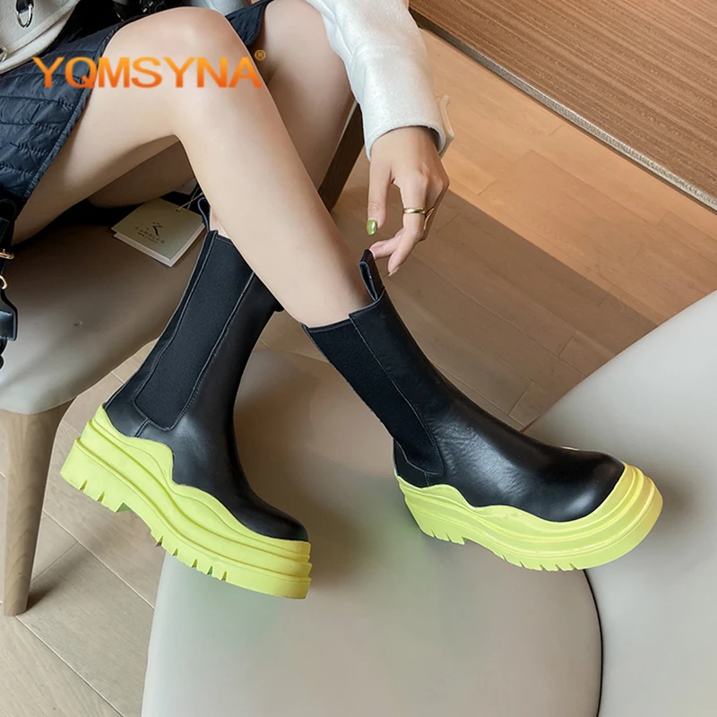 

YQMSYNA Fashion Women's Boots Genuine Leather Round Toe Thick Bottom Chelsea Boots Concise Non-slip Office Commute Shoes AS312