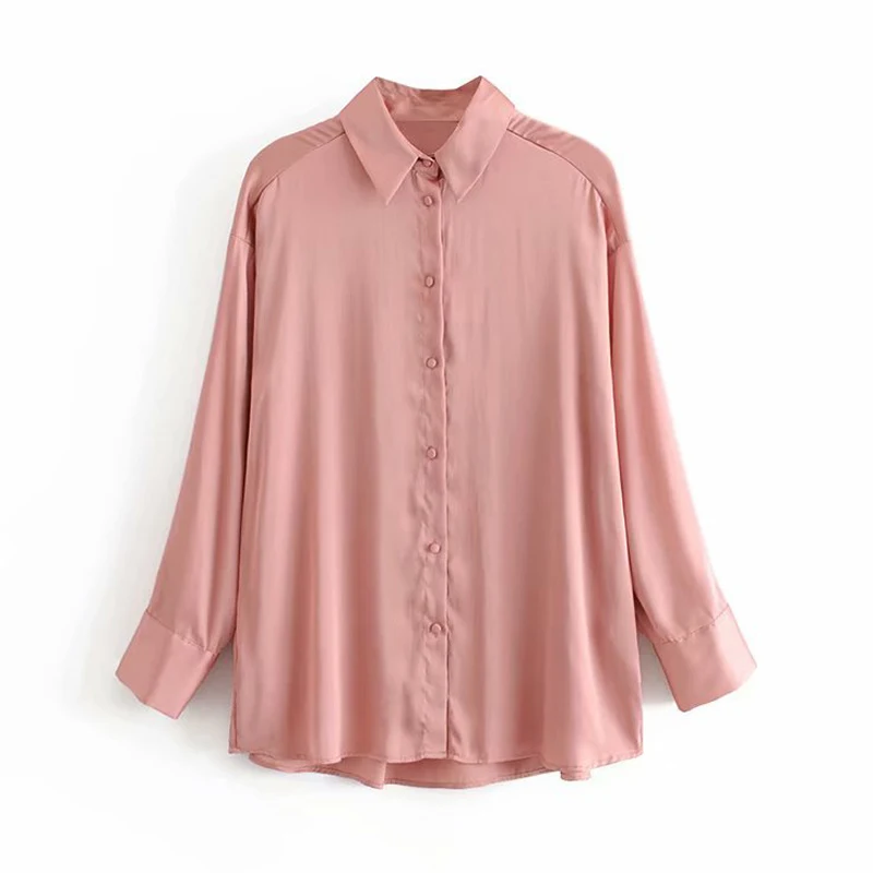 Шикарные Женские топы, одноцветная шелковая атласная блузка с длинным рукавом, свободная мягкая рубашка, винтажная женская элегантная офисная блузка с отложным воротником - Цвет: Pink