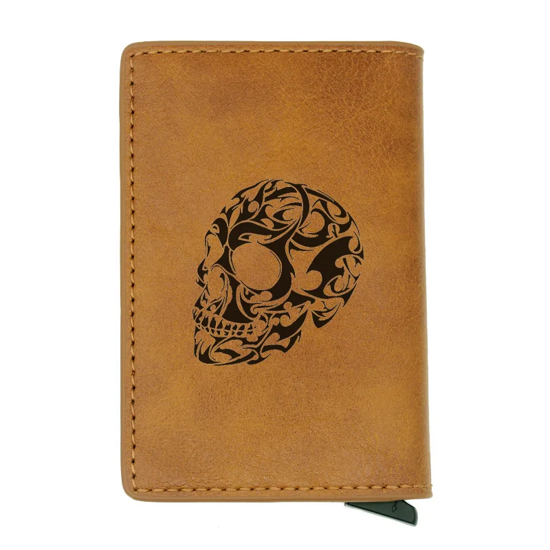 Brown Punk Style personality Skull Rfid Wallet Men Classic Women Credit Card Black Leather Wallets Short Purse - Цвет: Brown