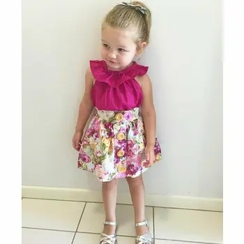 

2pcs Toddler Floral Skirt Clothes Rose Sleeveless T-shirt Top +Mini Button Skirt Outfit Kids Children Summer Casual Costume