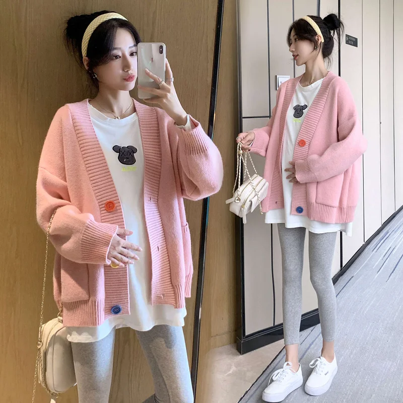 608# Autumn Winter Korean Fashion Knitted Maternity Cardigan White Tees Sets Chic Ins Sweaters Clothes for Pregnant Women
