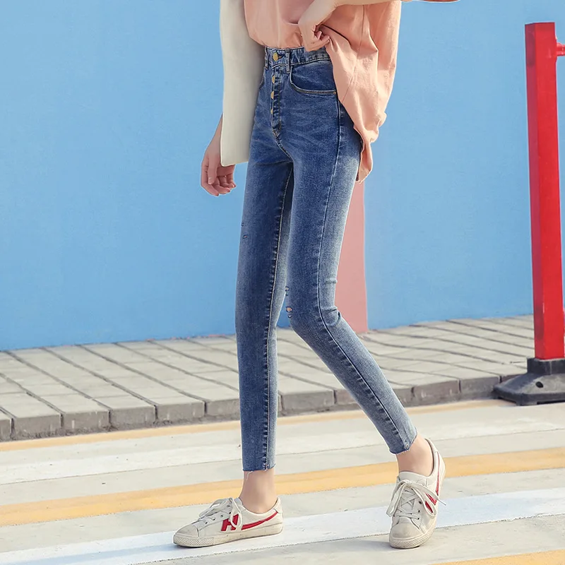 

5019 # Harajuku-Style 2018 New Style High-waisted Four Buckle Shear Pin Jeans Women's Elasticity Slim Fit Slimming Capri Pants