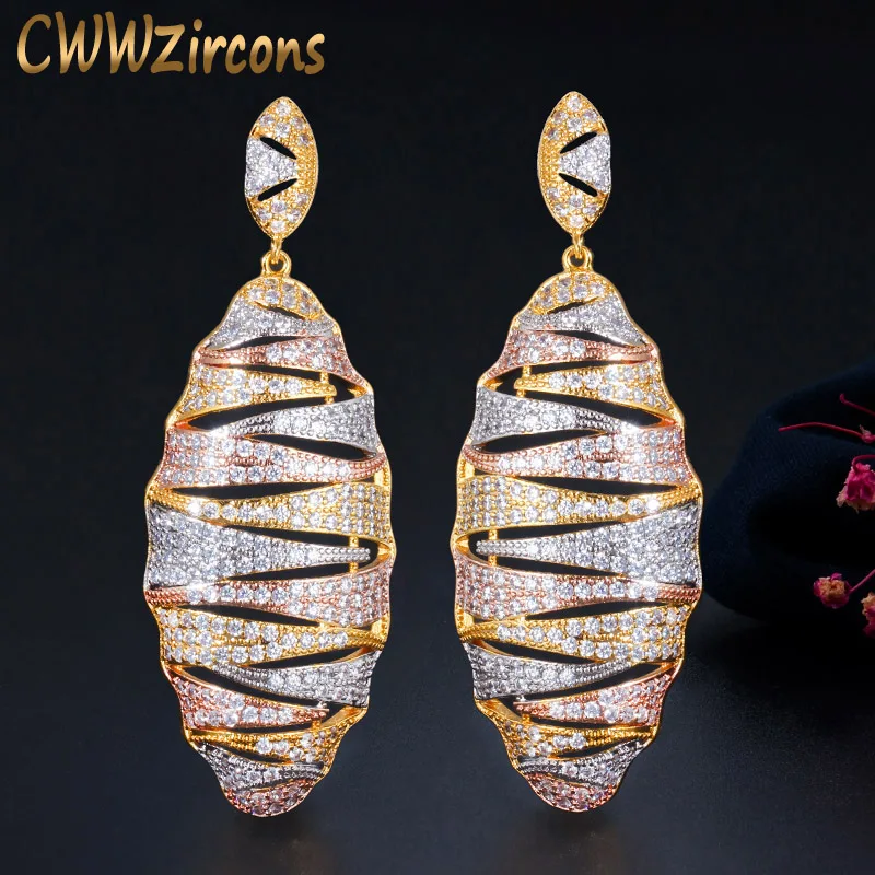 Cwwzircon Африканский фианит 3 тона золотые свадебные женские длинные серьги для