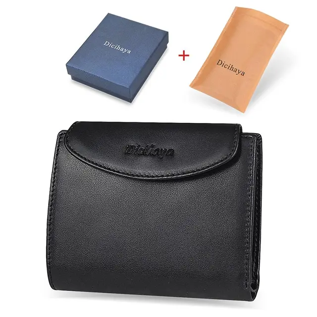 DICIHAYA Genuine Leather Women Wallet Coin Purse For Girls Female Small Portomonee Lady Purse Money Bag Card Holder Mini Clutch black with box