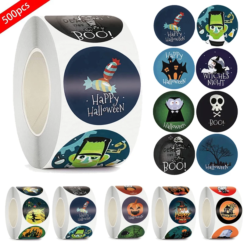 

New 500pcs/roll Round Cute Cartoon Halloween Party Stickers Adhesive Labels for Halloween Eve Horror Ghost Decor Sealing Sticker