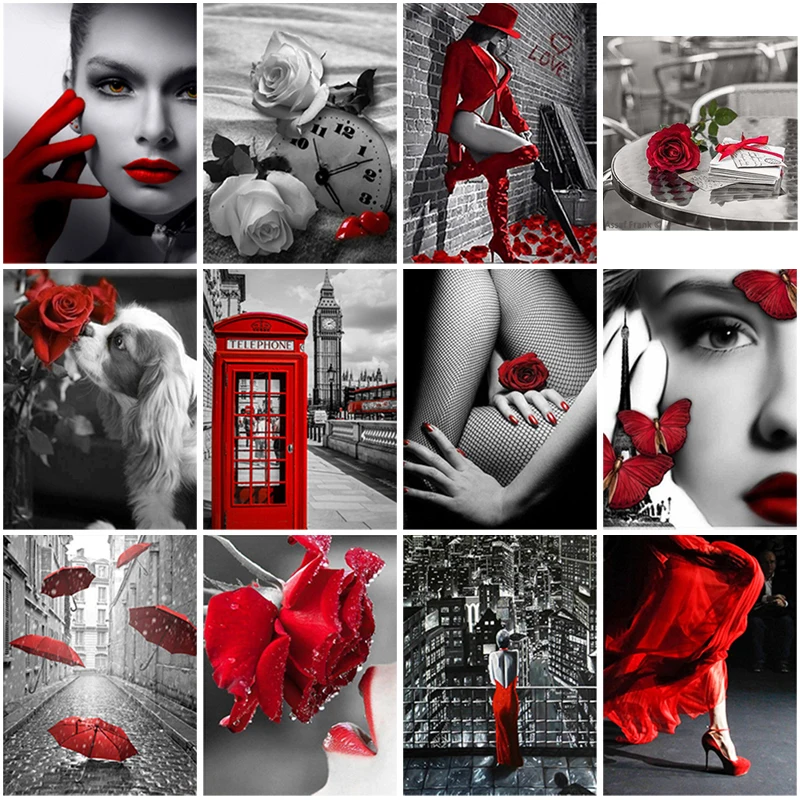 5D алмазная живопись черно-белая красная уличная фотография полностью круглая