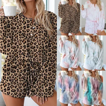 

Casual Daily Womens Tie Dye Printed Short Pajamas Set Long Sleeve Tops and Shorts Homewear Set Loungewear Nightwear Sleepwear