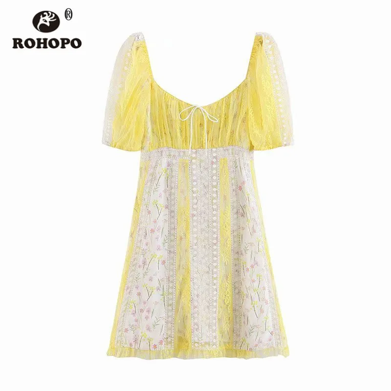 ROHOPO, Двухслойное, женское, с вышивкой, шикарное, милое платье, сетчатый слой, с принтом, подкладка, кружево, пэчворк, опрятный, для девушек, вечерние, Vestido#7354