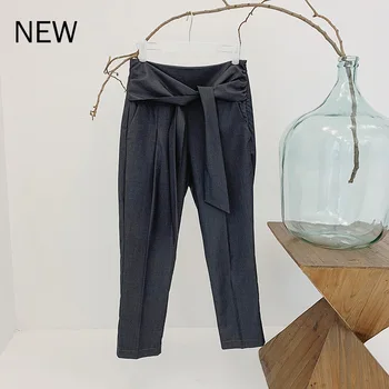 

Women Bow Tie Knee-Length Pencil Pants High Waist Solid Color OL Lace-up Trousers 2020 new