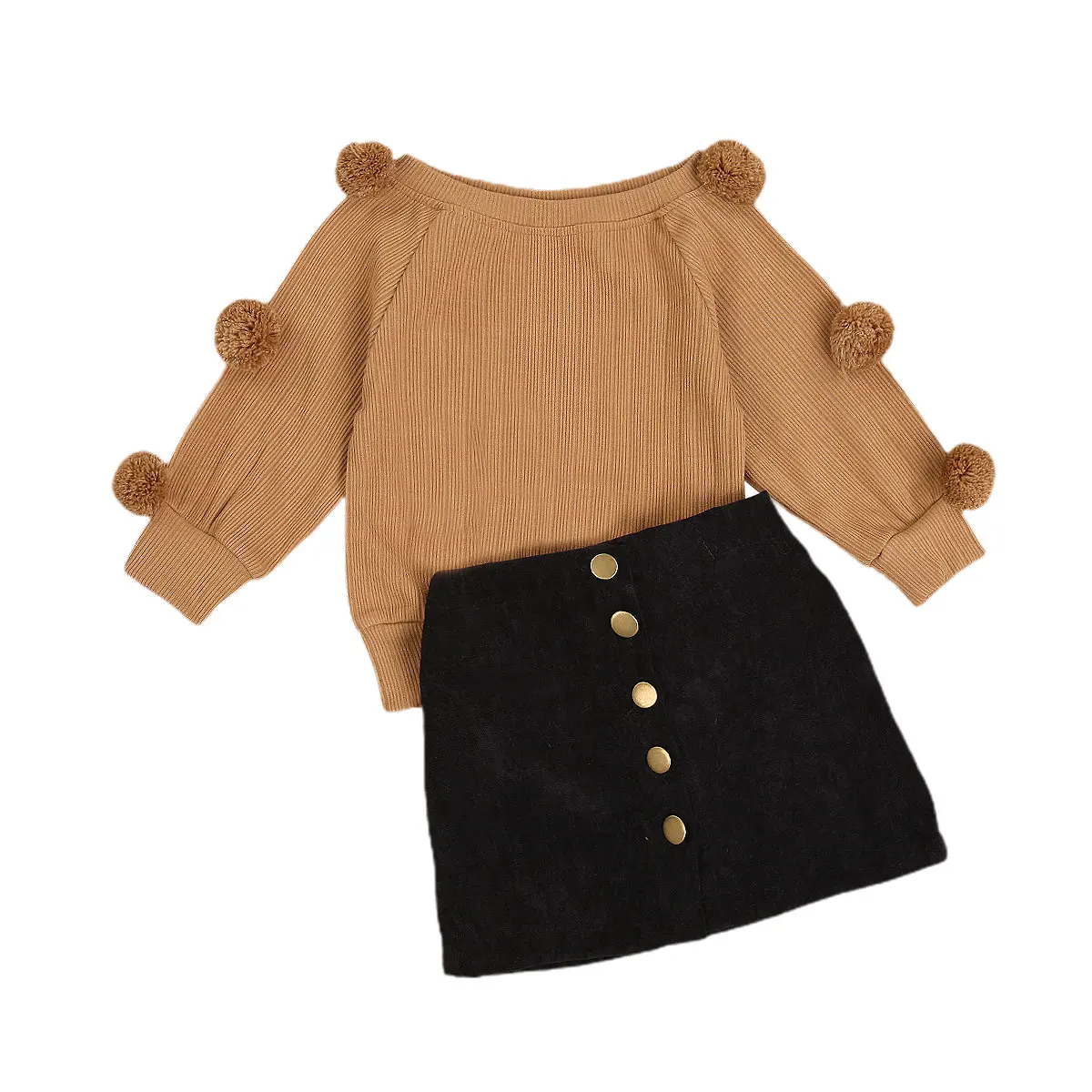 

2020 Autumn Winter Kids Baby Girl Long Sleeve Ball Knitting Sweater Tops A-line Button Skirt Girls Clothing 2PCS Sets