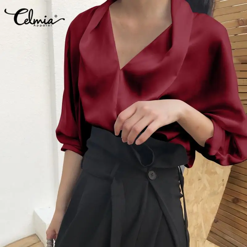 

Celmia Casual Elegant Long Sleeve Loose Blouse Autumn 2020 V Neck Satin Fashion Shirt Top Plus Size Vintage Office Blusas Femme