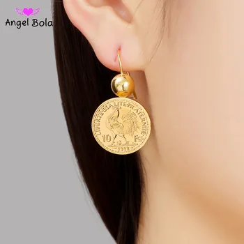 

Drop Shipping Vintage Engraved Coin Drop Dangle Earrings for Women 10 Franc Coin Round Pendant Earring Pendientes