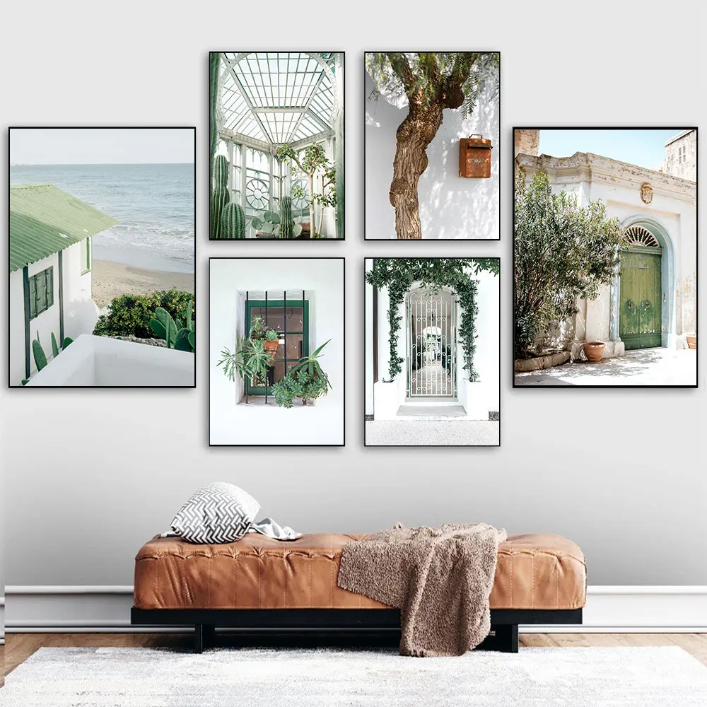 

Ocean Landscape Print Green Plant Tree Cactus Canvas Painting Italy House Window Wall Art Poster Pictures Living Room Home Decor