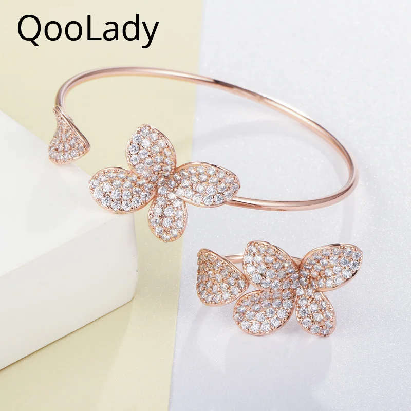

QooLady New Fashion Design Rose Gold Color CZ Zircon Flower Adjustable Open Cuff Bangle Bracelet Ring Jewelry Set for Women Z014