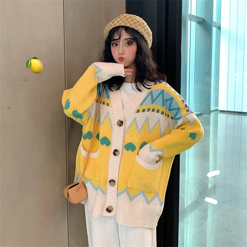 

Japanese Harajuku Sweet Cardigan Geometry Printed WomenS Sweater Tops 2020 Autumn Cute V-Neck Long Sleeve Ladies Sweaters Mujer