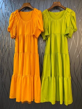

2020 Spring and Summer New Women's Wide-Spread Collar Elasticated Cuffs Solid Color Pleated Short Sleeve Dress 516