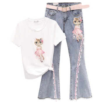 

Women's summer bead embroidery cat T-shirt horn pant two-piece sets