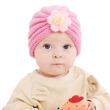 

0-3T Woolen Knitted Warm Hat for Newborn Infant Turban Crochet Knit Cute Beanie Flower Hat Baby Toddlers Solid Pullover Hat Cap