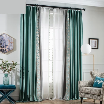

Custom curtains luxury simple modern blue velvet European living room thick cloth blackout curtain tulle valance B575