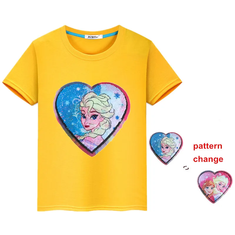Детская футболка принцессы; футболка для девочек; летние хлопковые футболки с блестками для подростков с изображением Эльзы; детская одежда; одежда с короткими рукавами