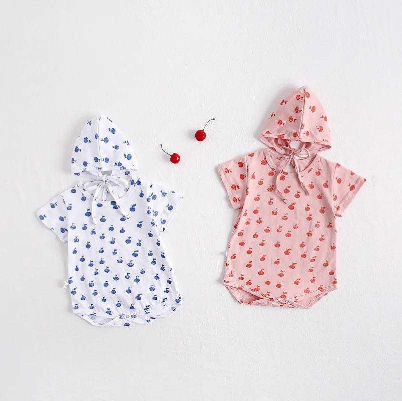 Koodykids/летние хлопковые боди для маленьких девочек; Детские хлопковые комбинезоны с принтом вишни и шапкой; комбинезон для девочек и мальчиков