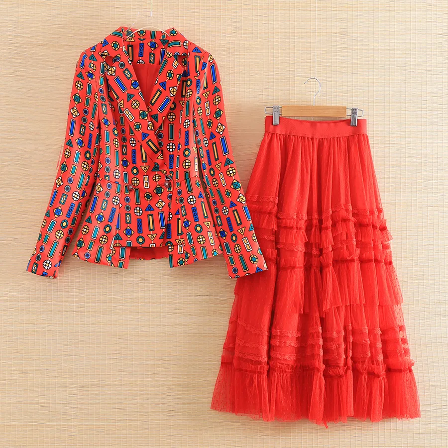 

Embro Mill autumn women 2 pieces set vintage slim print suit + red A-line mesh skirt s elegant lady suit female S-XL