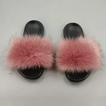 

Winter Warm Fur Slippers Women Faux Fox Fur Slides Fluffy Plush Sandals Flat House Indoor Shoes Casual Raccoon Fur Flip Flops