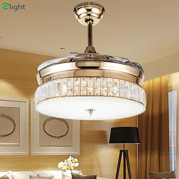 

Modern Invisible Acrylic Led Ceiling Fan Lights Lustre Crystal Dining Room Led Ceiling Fans Lamp Gold Metal Led Lighting Fixture