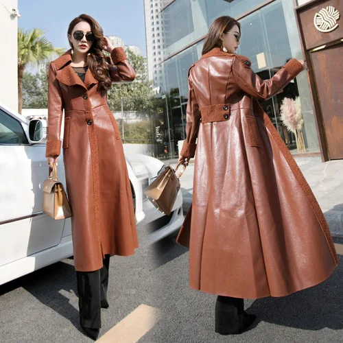 caramel colour Длинный кожаный женский осень и зима корейский Тонкий ветровка мех один ягненок толстое длинное пальто - Цвет: caramel colour