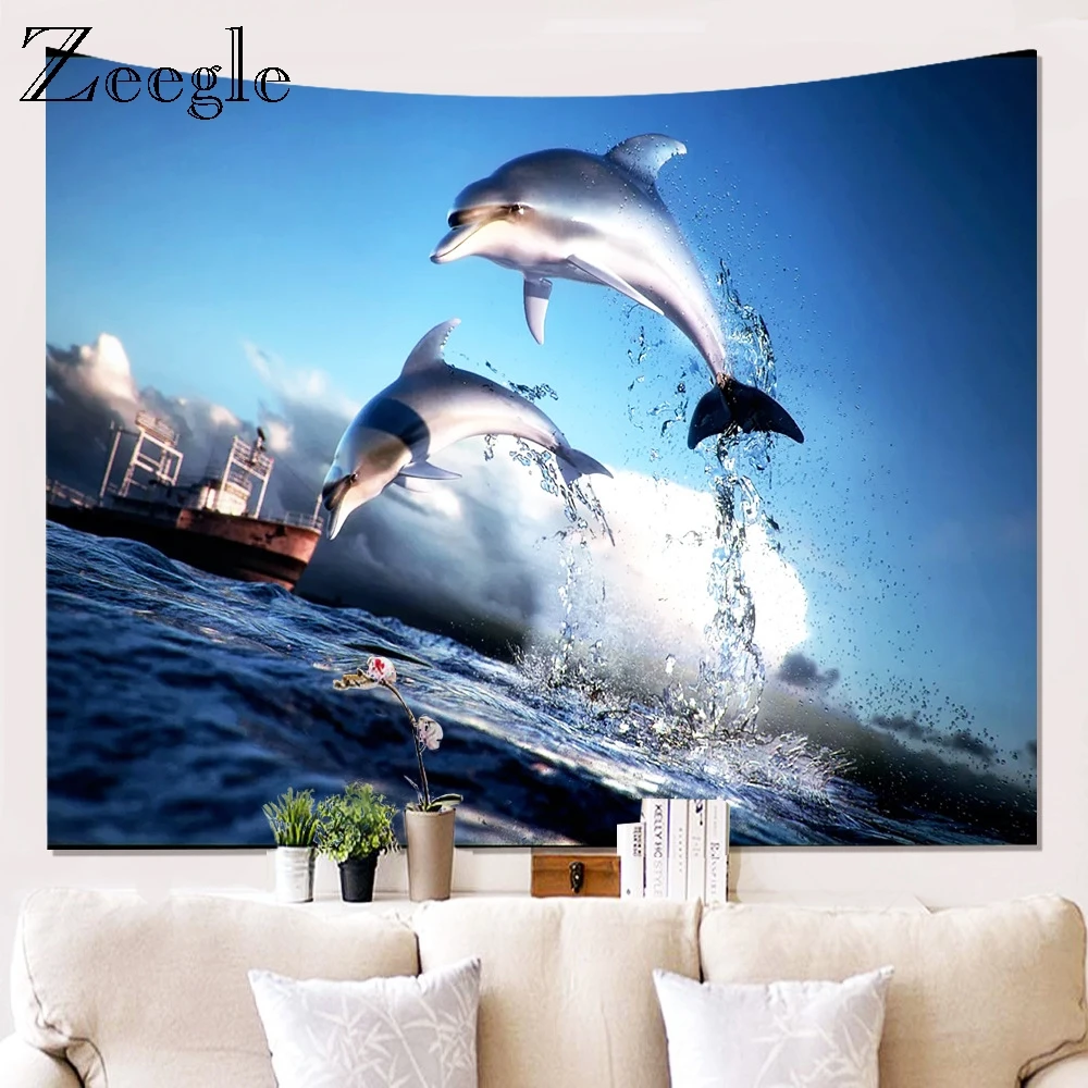 Zeegle Printed Dolphin Wall Hanging Tapestry Living Room Decoration Tapestry Beach Blanket Picnic Mat Home Art Tapestries Decor