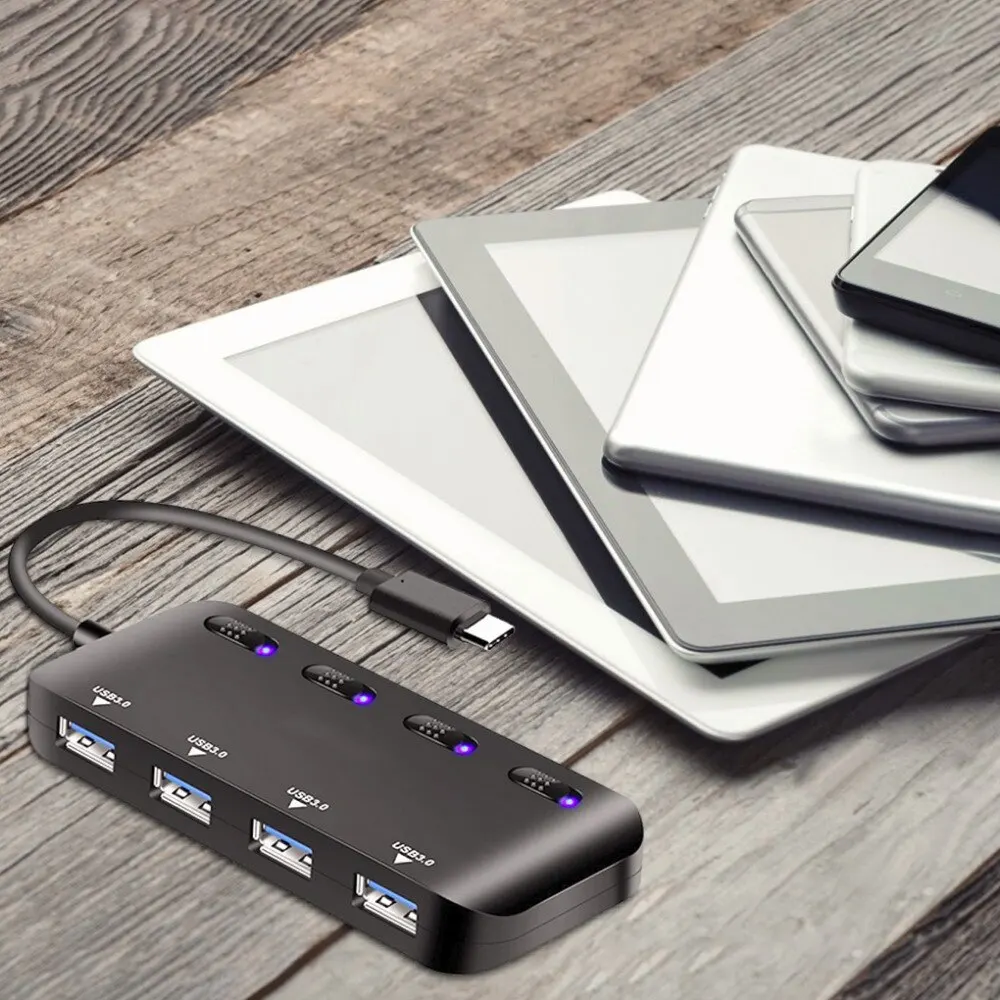 

4 IN 1 USB 3.0 Hub Type-C Wired Hub Adapter Current Protection Data Splitter Expansion Desktop Laptop Adapter With LED Indicator