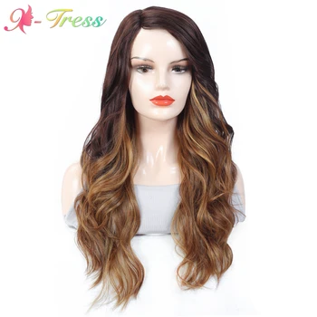 

X-TRESS 24 Inch Long Lace Part Synthetic Wigs For White Women High Temperature Fiber Hair Trendy Cosplay Wig Dark Brown