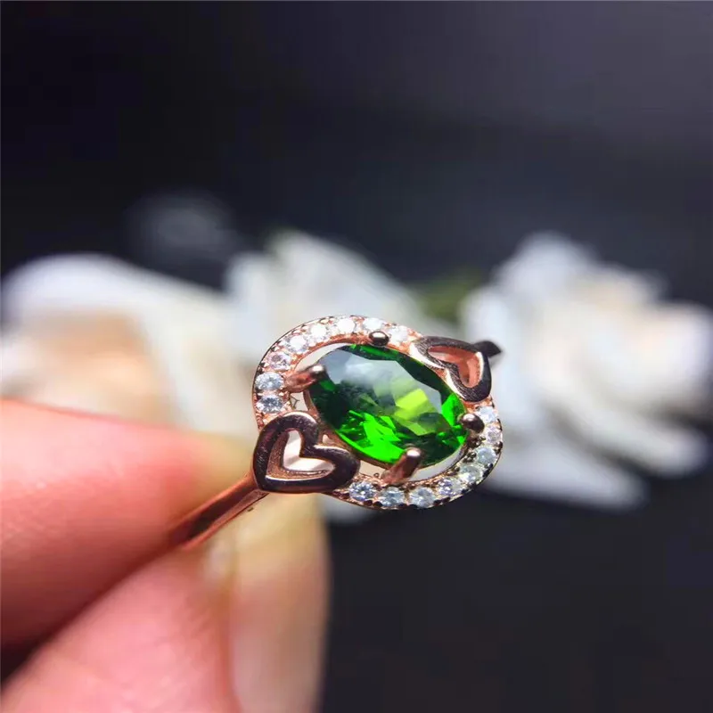 

Pure 925 Sterling Solid Silver 100% natural chrome Diopsid 5mm*7mm Ring for woman valentine's day gift