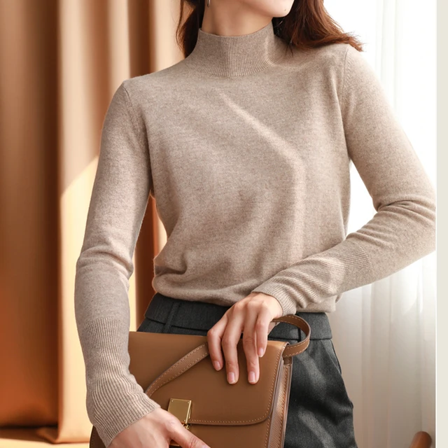 AOSSVIAO Turtleneck Sweater Women Fashion 2021 New Stretch Tops Women Knitted Pullovers Long Sleeve Bottoming Knitted Sweater Light coffee