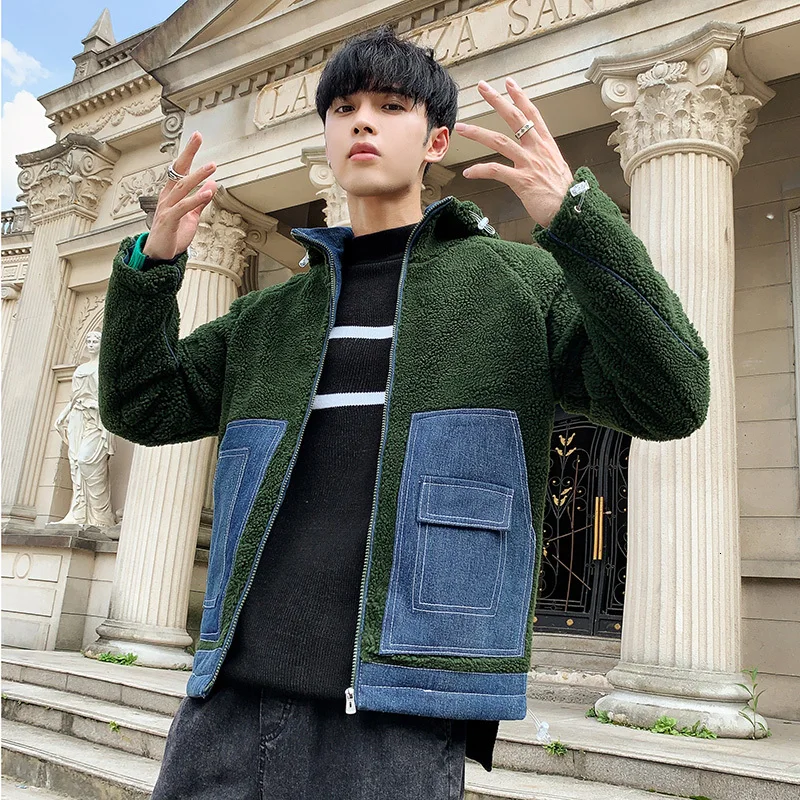 

Plus Velvet Thick Lamb Wool Jacket Men's Slim Warm Fashion Contrast Color Lapel Coat Man Streetwear Wild Cotton Jacket Mens