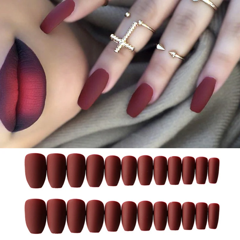 24pcs Wine Red Matte Coffin Ballerina False Nail Art Tips With Glue Acrylic Full Cover Fake Nails Manicure Press on Tools | Красота и